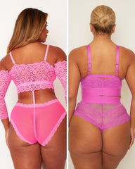 Pink lingerie set worn by a model on a plain background