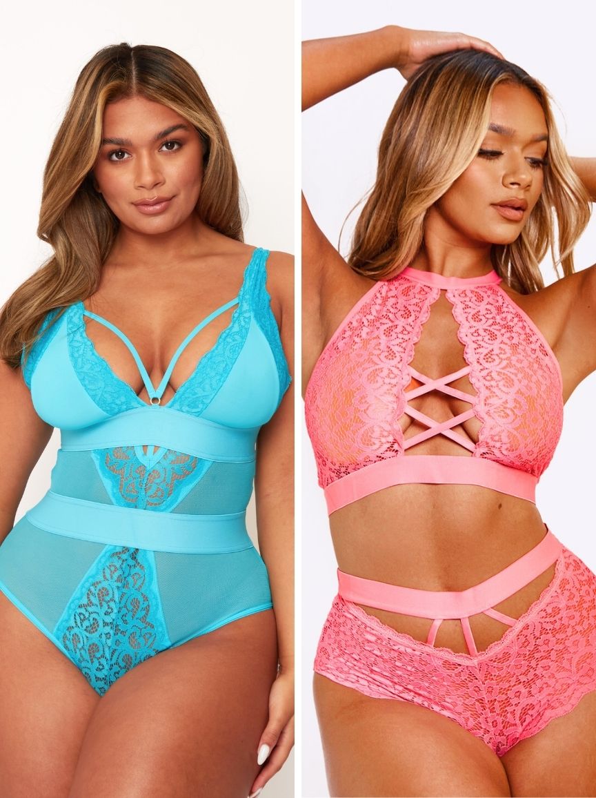 Two women wearing blue and pink lace lingerie sets on a plain background