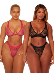 Millie-Mae Twin Pack Triangle Bralettes & Thong Set : Black & Very Cherry