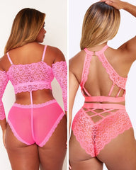 Pink lace lingerie set on a plain background