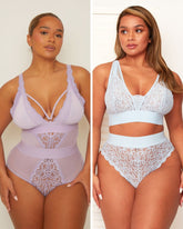 Two women modeling lingerie sets, one in lavender and the other in light blue.