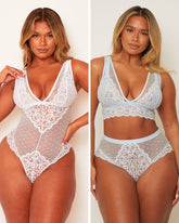 Two images of a woman wearing lace lingerie set against a plain background.