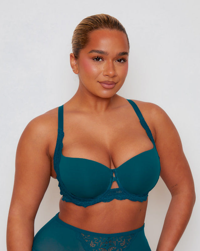 Daley fuller bust lace t-shirt bra in Blue Coral — smooth moulded cups, floral lace and centre-front keyhole detail.