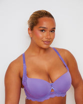 Close-up view of the Daley Lace T-Shirt Bra in Amethyst Orchid, highlighting the smooth moulded cups, feminine floral lace accents, and centre-front keyhole detail for a refined finish.