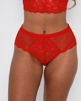 Front close-up of Eva chilli red briefs by Tutti Rouge with floral lace centre panel, dotted mesh fabric and soft stretch waistband.