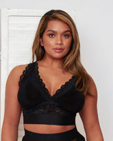 Front close-up of the Tutti Rouge Francine Longline Fuller Bust Bralette in Midnight Black showcasing scalloped floral lace, soft mesh panels, supportive fuller-bust shaping and a comfortable wide underband.