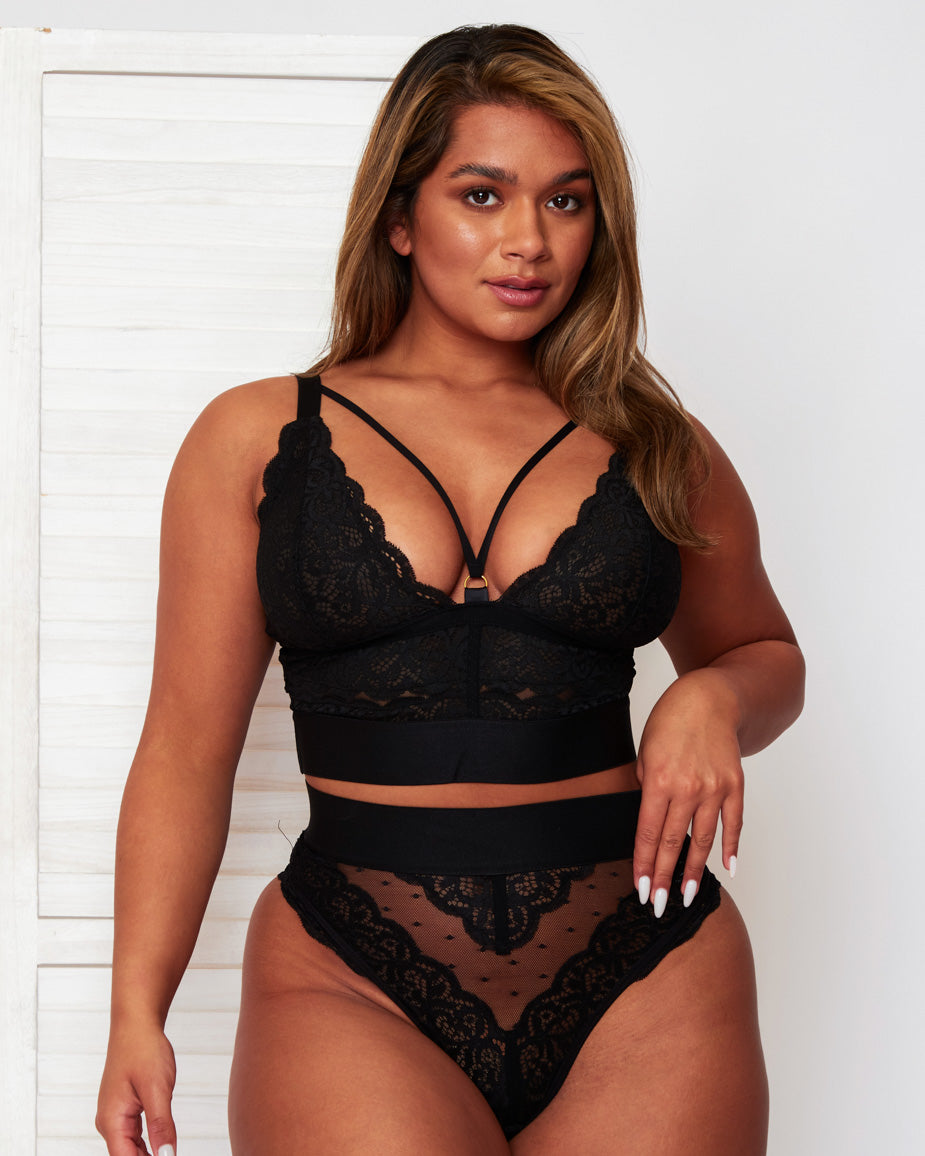Close-up detail of the Gia Bralette in Black by Tutti Rouge, showcasing intricate floral lace, scalloped edging, decorative front straps, and premium finishing details.