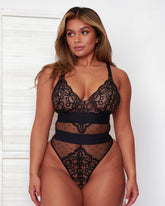 Front view of the Isabella Bodysuit in Midnight Black, showcasing the flattering plunge lace cups, sculpting mesh panelling, and high-cut silhouette designed to celebrate your curves.
