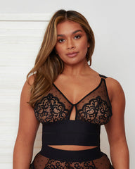 Full-length front view of the Morgon Bralette and Brief set in Midnight Black, combining romantic lace, sheer mesh, and contemporary cut-out details for a bold, feminine look.