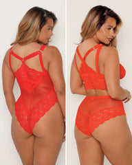 Red lace lingerie set worn by a model on a plain background