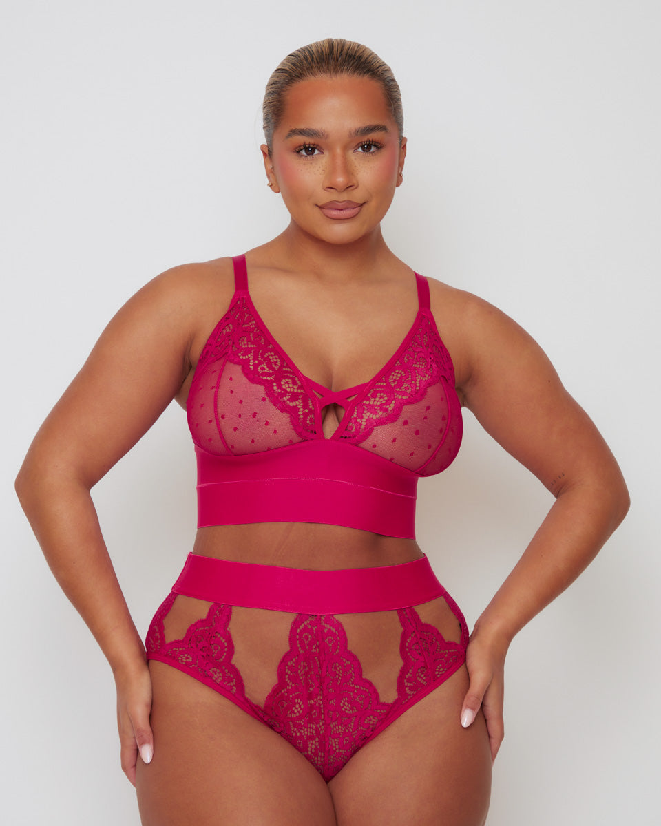 Side view of the Tutti Rouge Victoria Bralette and Cut Out High Waist Brief Set in Very Cherry showcasing soft mesh cups, floral lace and flattering cut-out brief detailing.