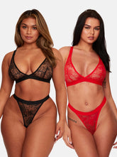 Millie-Mae Twin Pack Triangle Bralettes & Thong Set : Black & Scarlet Red