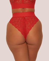 Back view of the Hallie Brazilian Brief in Chilli Pepper Red from Tutti Rouge, featuring floral lace fabric, a high-waisted fit, and Brazilian-style coverage.