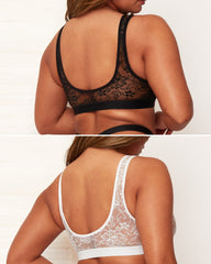 Two images of lace bras, one black and one white, on a plain background.