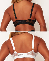 Two images of a person wearing black and white lace bras on a plain background.