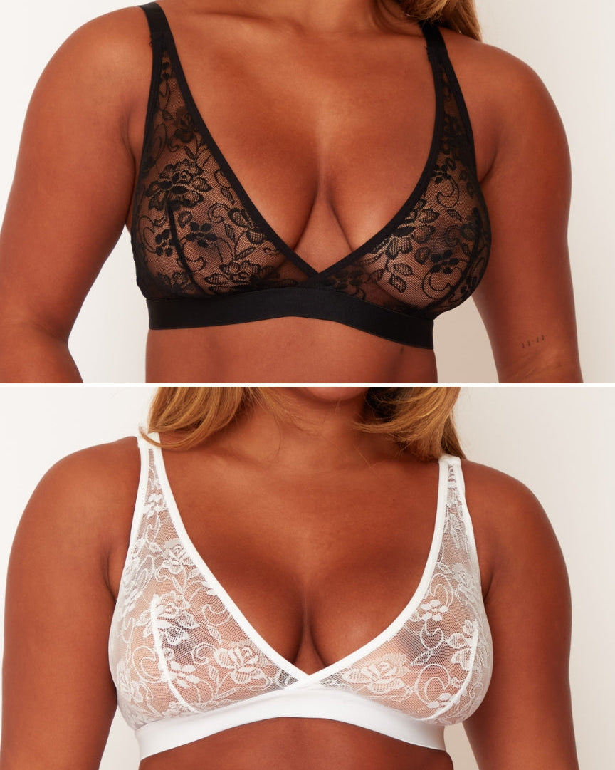 Black and white lace bras on a neutral background