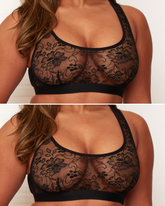 Black lace bralette worn by a model on a plain background