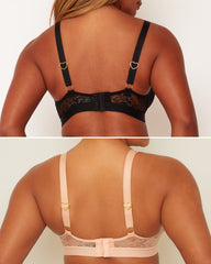 Two images of women wearing black and beige bras against a white background.