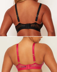 Two images of a person wearing black and pink bras with lace details on a plain background.