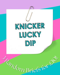 Promotional graphic for 'Knickers Lucky Dip' with colorful background and text.