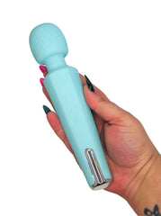 Light blue personal massager adult toy held by a hand with black nail polish on a white background