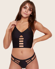 From Jojoe, the Eco Andie Bralette in Jet Black paired with the Andie caged thong