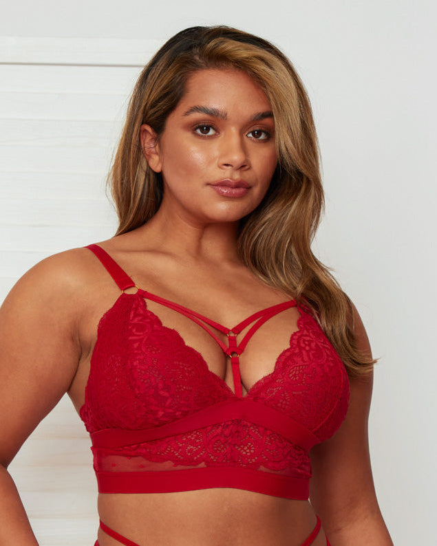 Close-up front view of the Brooke Fuller Bust Bralette in Raspberry Red highlighting floral lace, strappy neckline detailing, gold-tone hardware and supportive fuller bust construction.