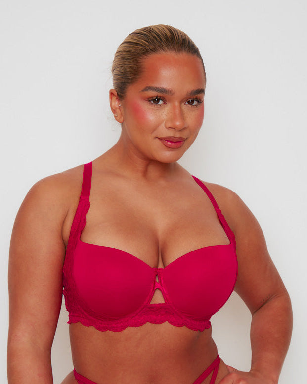 Front view of the Daley T-Shirt Bra  in Very Cherry, featuring smooth moulded cups, delicate floral lace accents, and a feminine centre-front keyhole detail