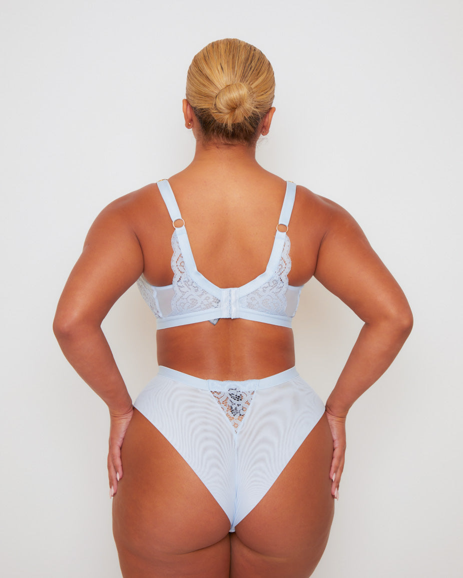 Back view of the Tutti Rouge Frankie Bralette in Ballad Blue paired with the matching Frankie Brazilian Brief, showcasing adjustable straps, supportive back fastening and the Brazilian brief's flattering back design.