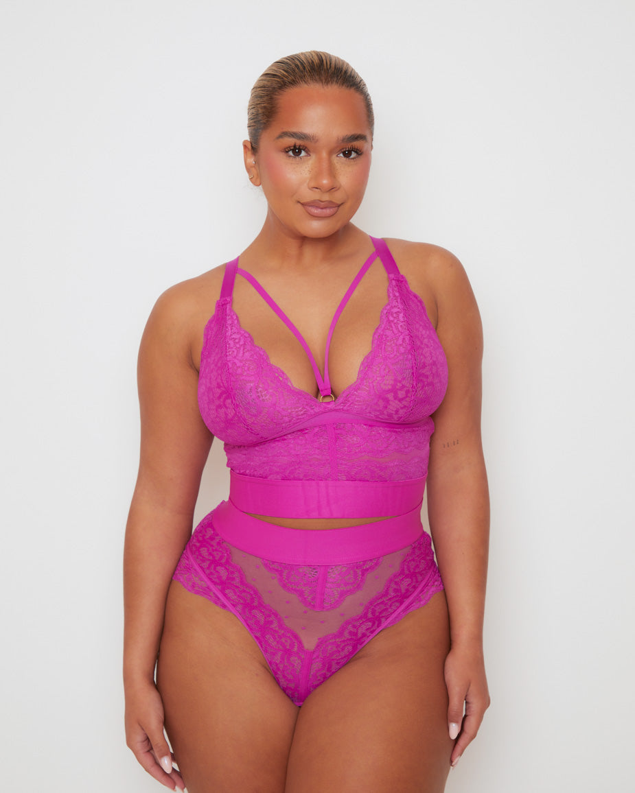 Full-length front view of the Gia Bralette & Brief Set in Vibrant Purple, combining supportive fuller-bust comfort with feminine floral lace, sheer mesh panels, and signature strap detailing.