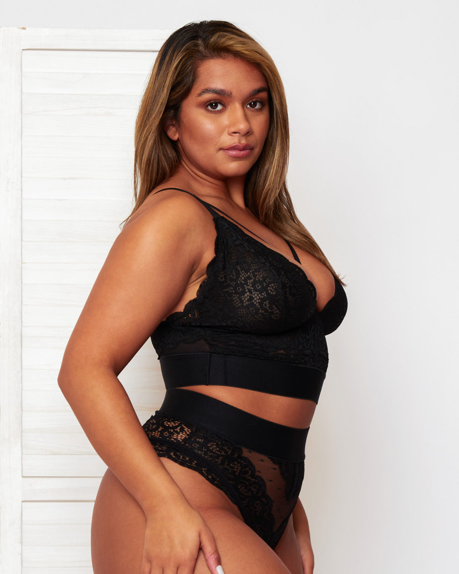 Side profile of the Gia Bralette in Black by Tutti Rouge, highlighting the soft lace construction, supportive wide underband, and lightweight design that contours comfortably to the body.