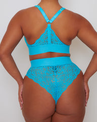 Full back view of the Hallie Bralette and Brief in Bluebird Blue, highlighting the lace racerback design with heart-shaped hardware, wide comfort bands, and high-waisted lace brief with scalloped edging.