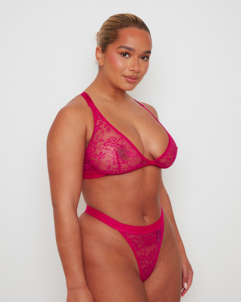 Millie-Mae Fullerbust Triangle Bralette and Thong Set in Very Cherry featuring sheer floral lace, wireless support, plunge neckline and matching no-VPL thong for DD+ curves.