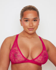 Millie-Mae Fullerbust Triangle Bralette in Very Cherry featuring sheer floral lace, wireless support, plunge neckline and matching no-VPL thong for DD+ curves.