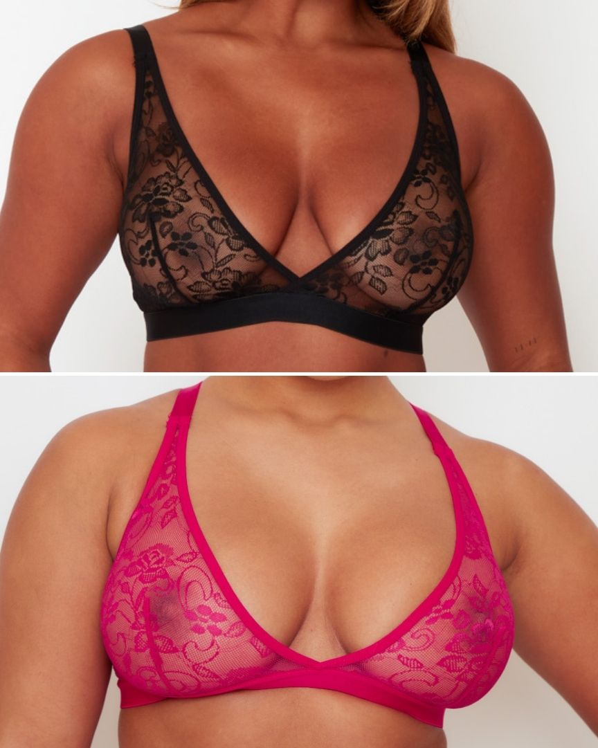 Millie-Mae Fullerbust Triangle Twin Pack Bralettes in Midnight Black and Very Cherry featuring soft floral lace, wireless support and a plunge neckline for DD+ busts.