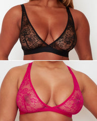 Millie-Mae Fullerbust Triangle Twin Pack Bralettes in Midnight Black and Very Cherry featuring soft floral lace, wireless support and a plunge neckline for DD+ busts.
