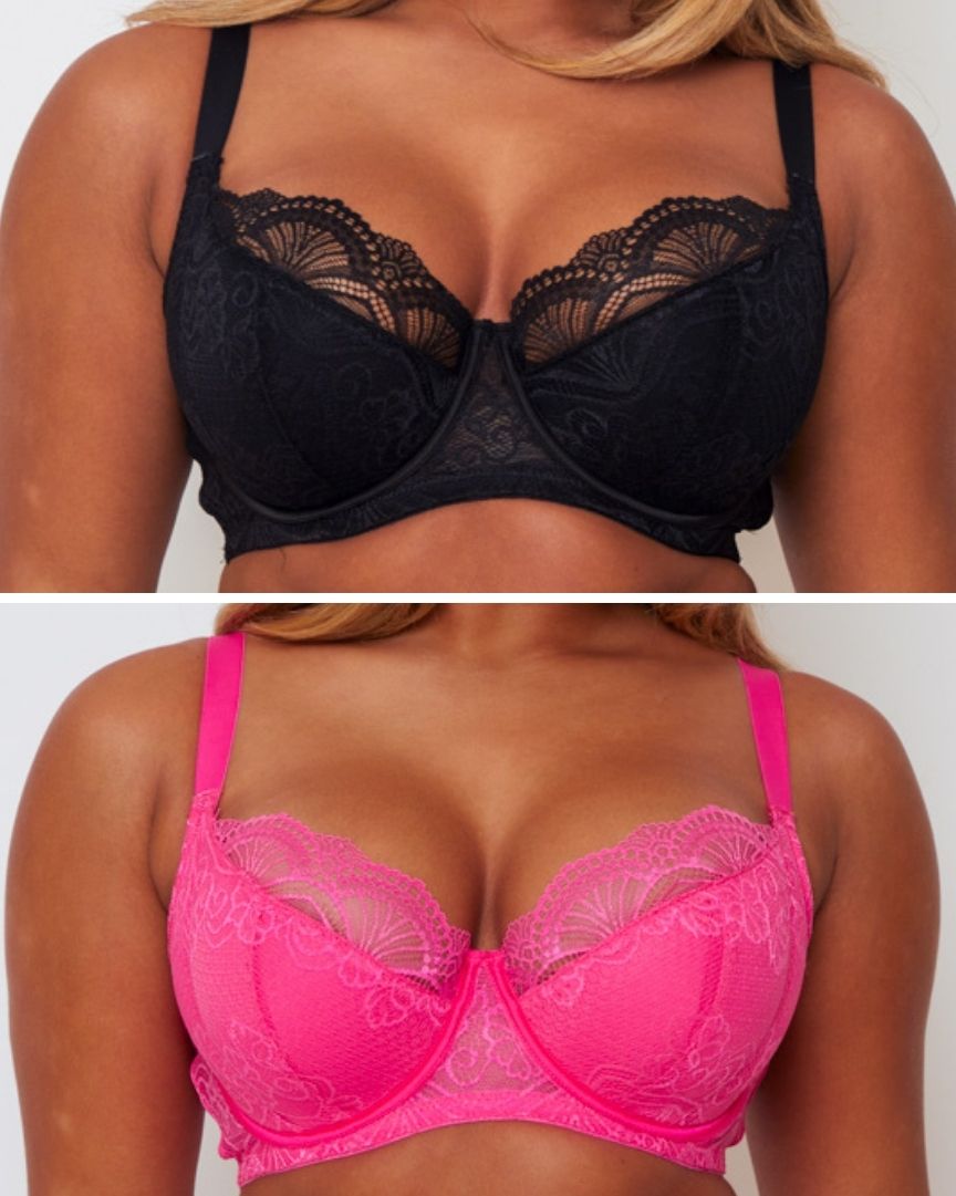 Tutti Booster Bra Twin Pack in Luscious Liquorice and Saucy Strawberry featuring supportive underwired plunge bras with feminine lace details.