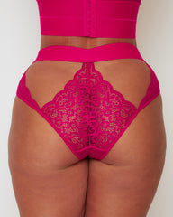 Back view of the Tutti Rouge Victoria Lace Cut Out High Waist Brief in Very Cherry featuring floral lace, cut-out detailing and flattering Brazilian coverage.