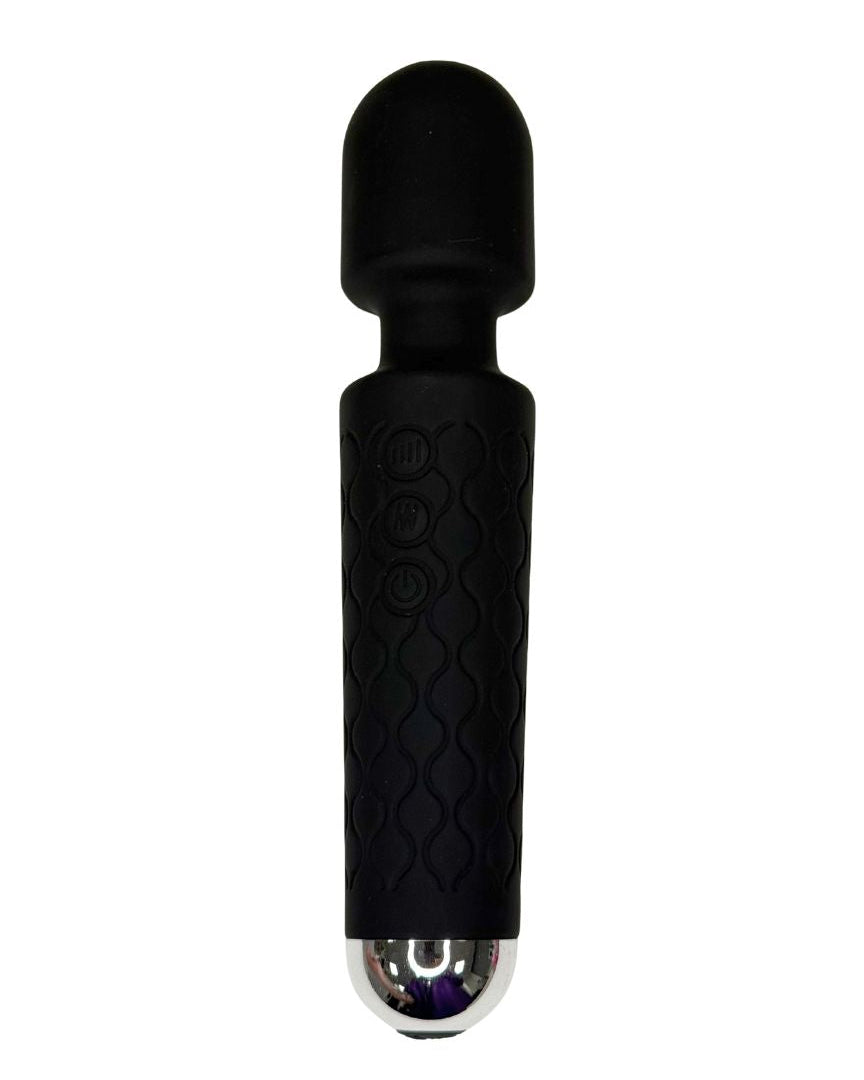 Black handheld massager with a metallic detailing on a white background