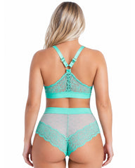 Back view of the Tutti Rouge Hallie Bralette and Francine Thong in Ocean Wave, highlighting the lace racerback bralette with heart-shaped sliders and the sheer mesh thong with floral lace detailing.